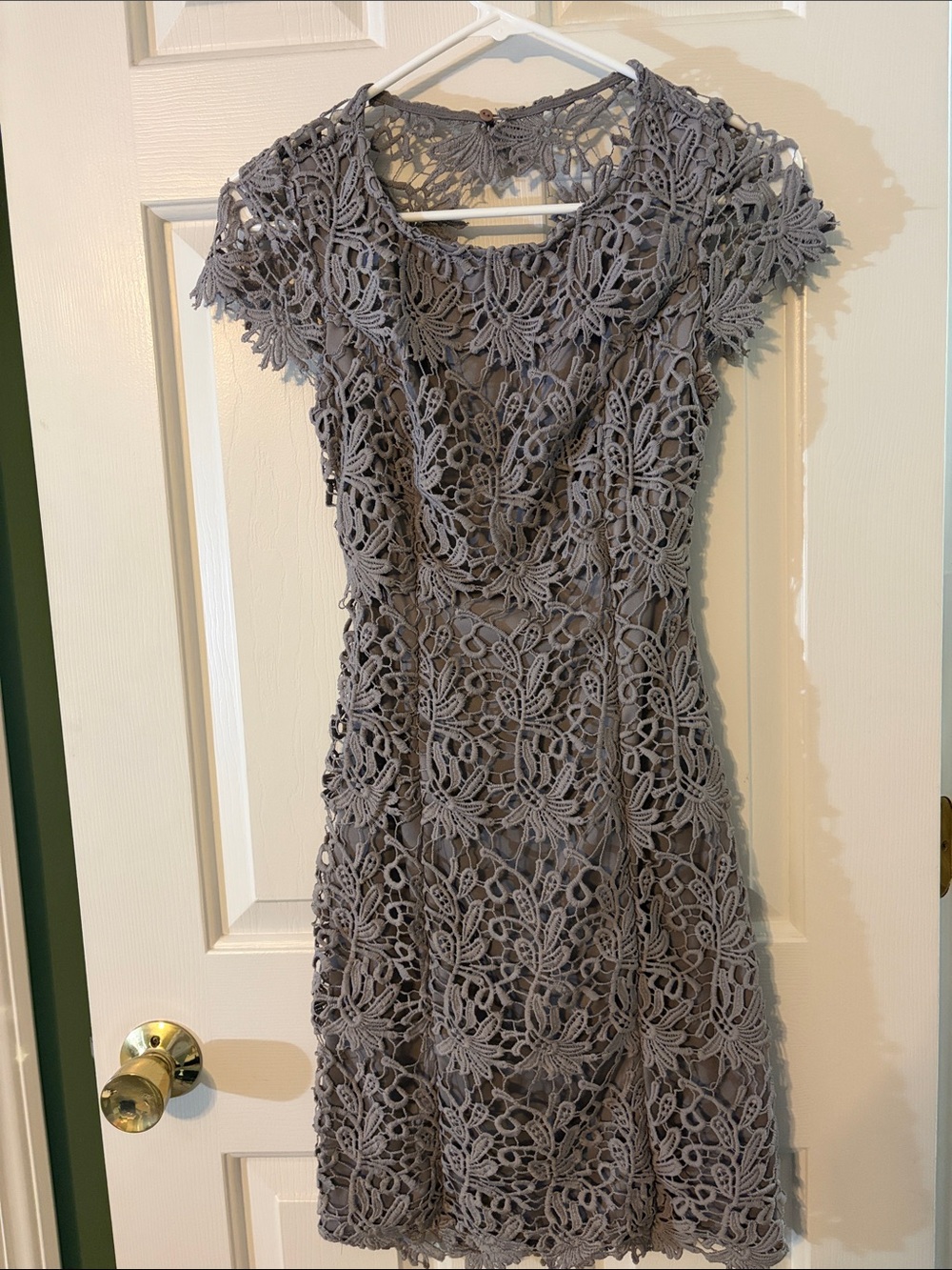Lace Overlay Cap-Sleeve Mini Dress in Gray